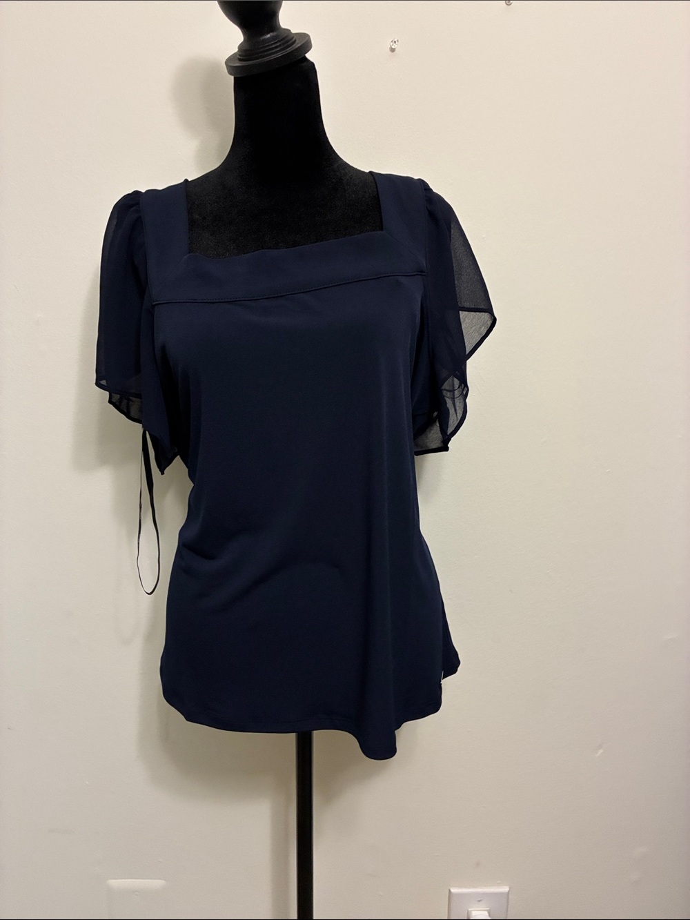 NWT Calvin Klein Dark Navy Square Neck Flutter-Sleeve Blouse.